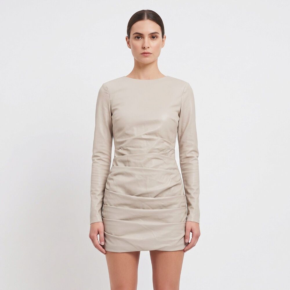 Naked Wardrobe Cream Long Sleeve Ruched Bodycon Mini Dress Small